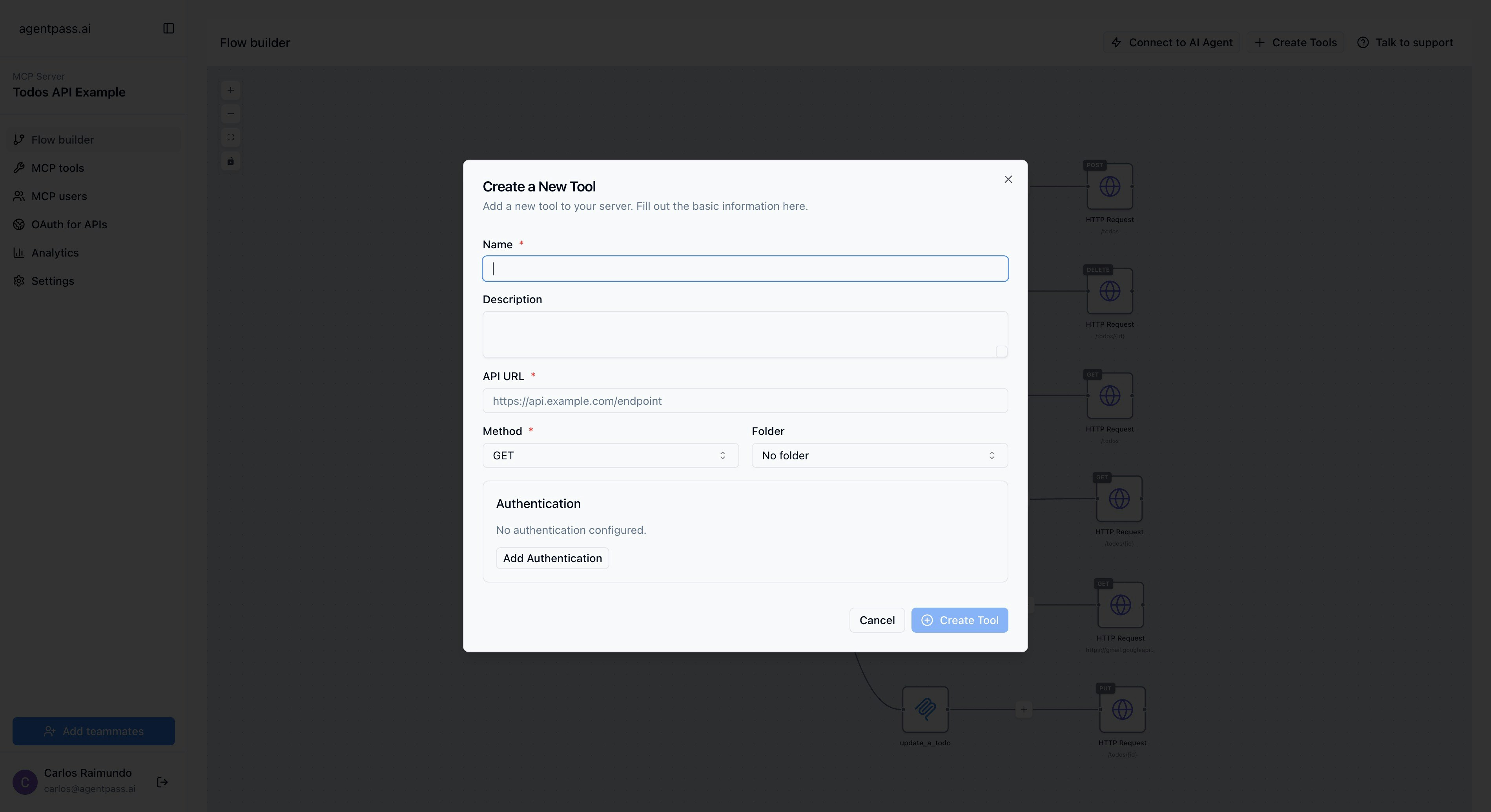 Manual tool creation form showing basic configuration options