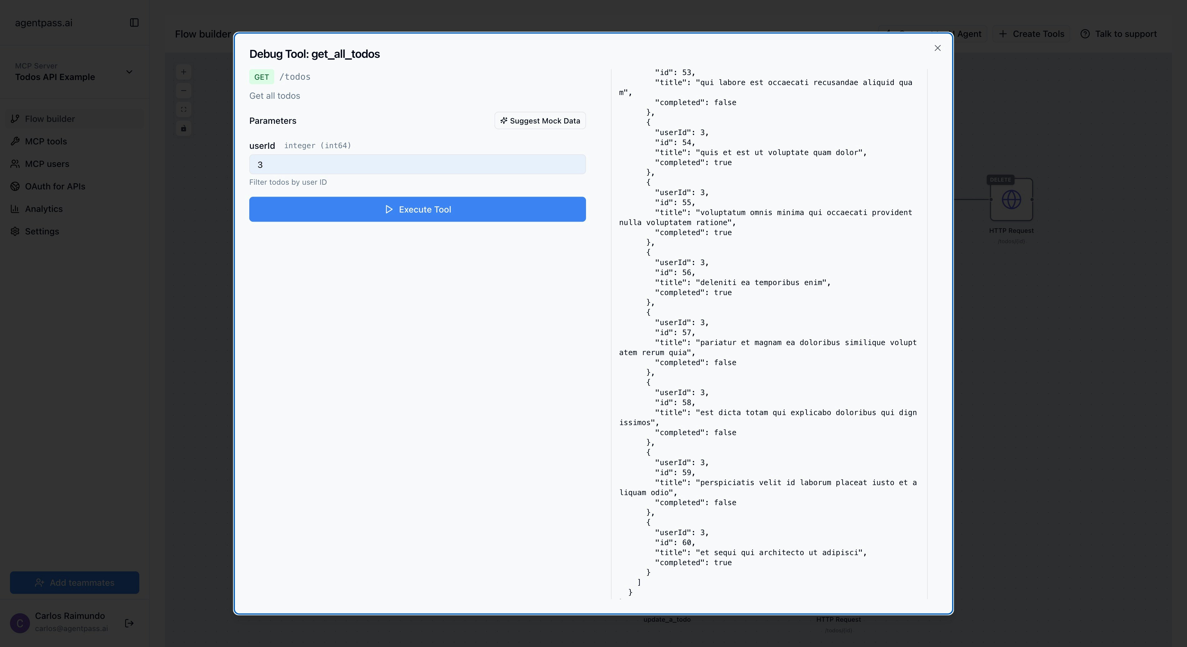 Tool playground showing parameter input, execution controls, and response viewer