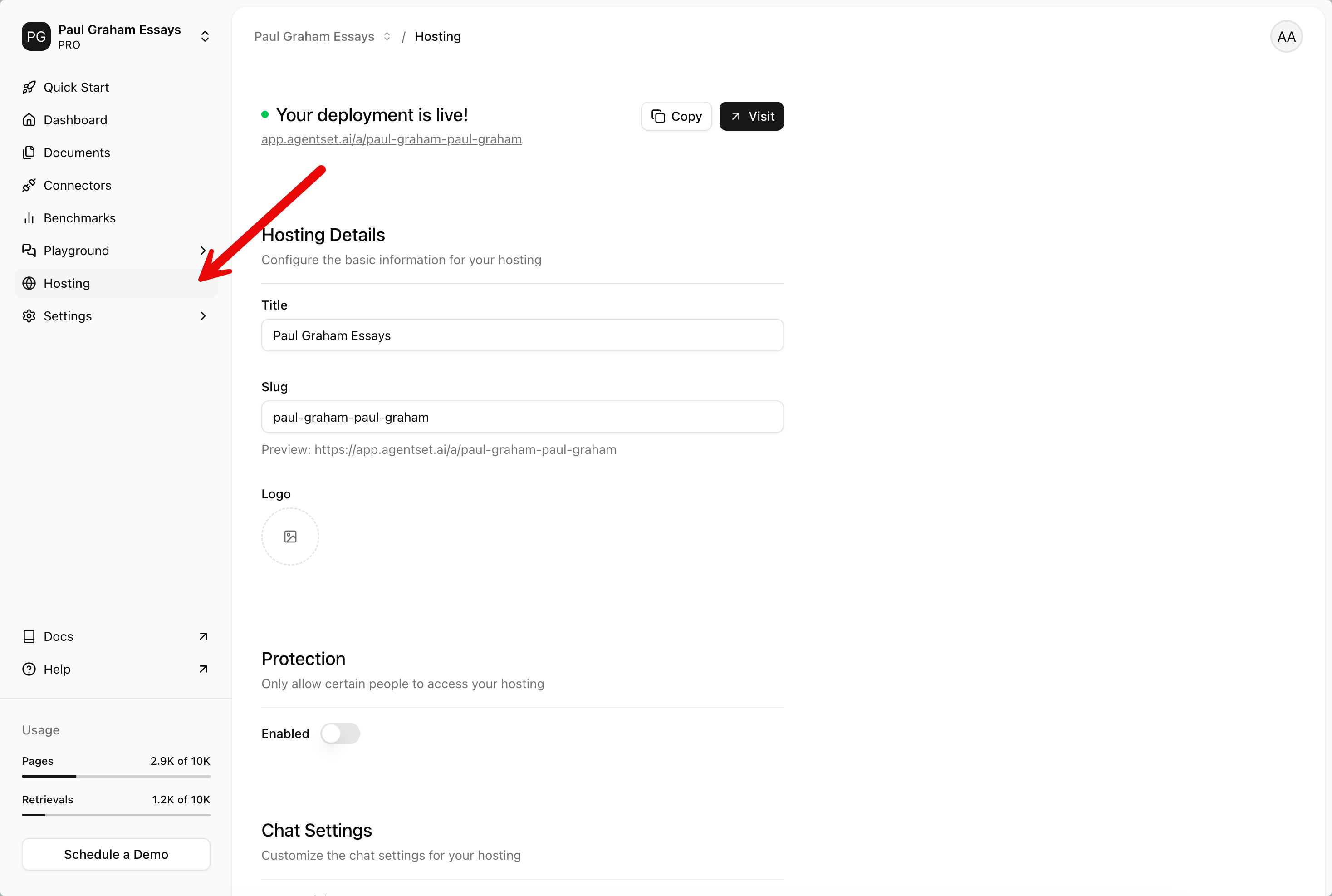 Enable hosting from namespace settings