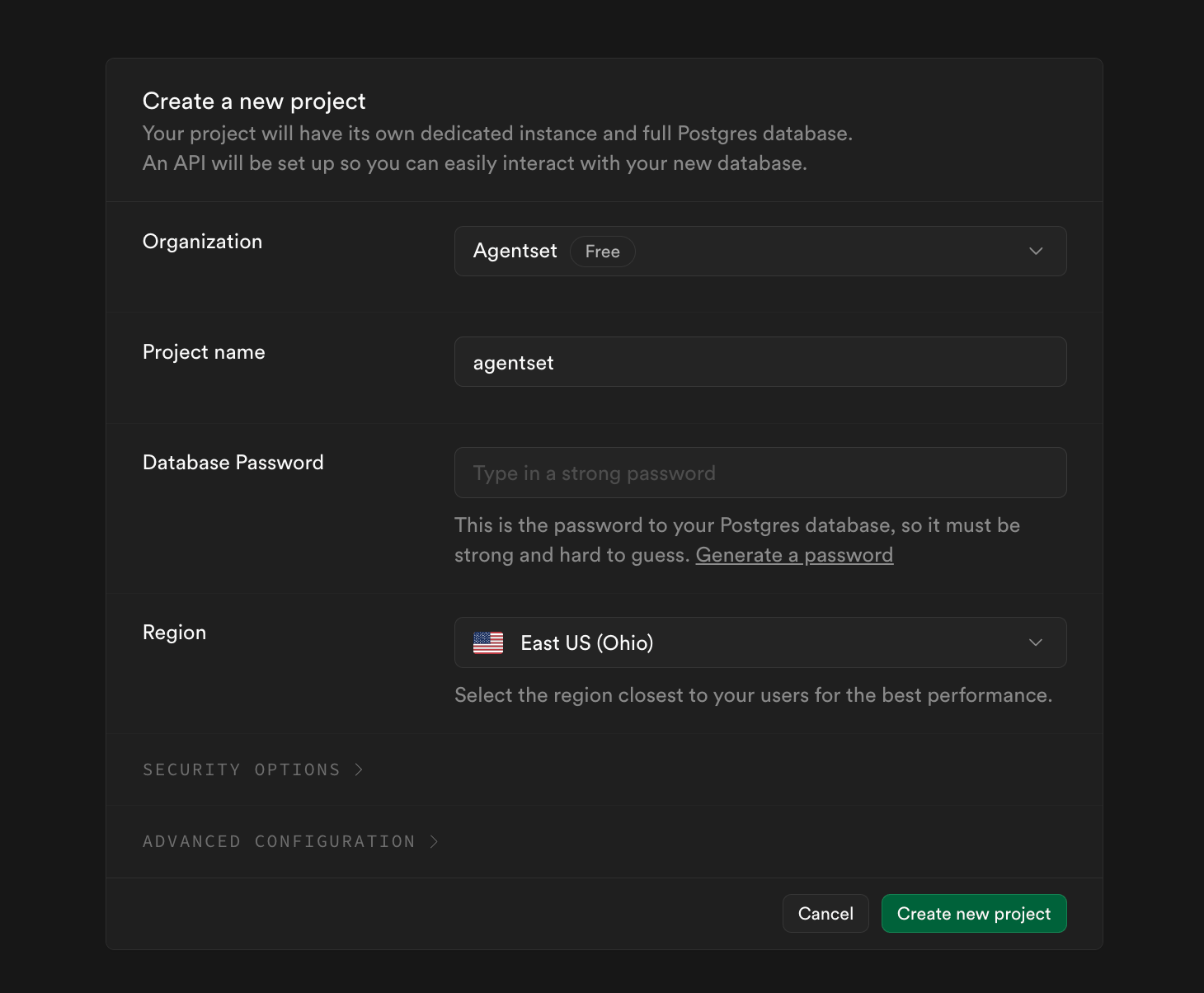 Supabase create database