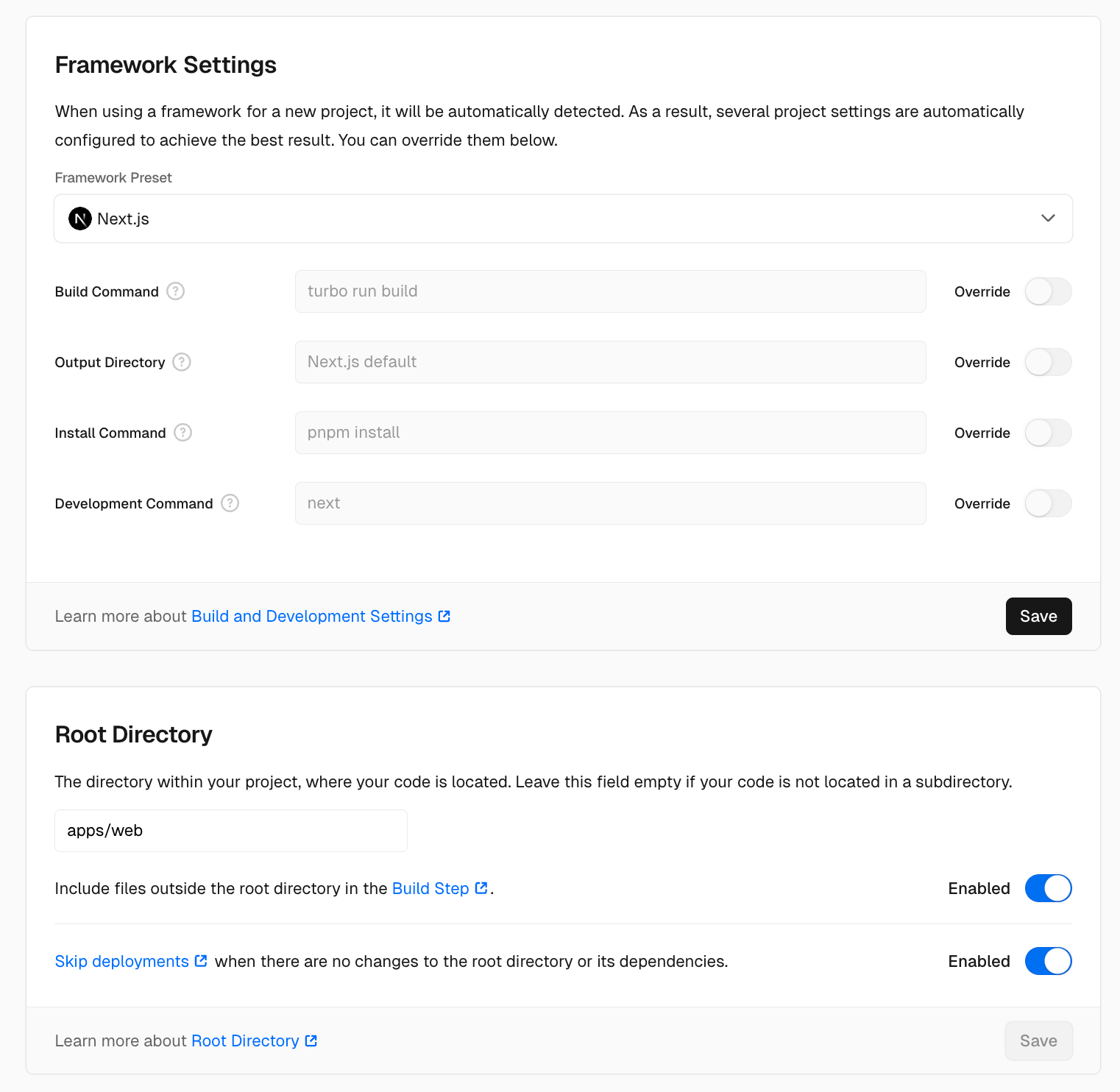 Vercel Deploy settings