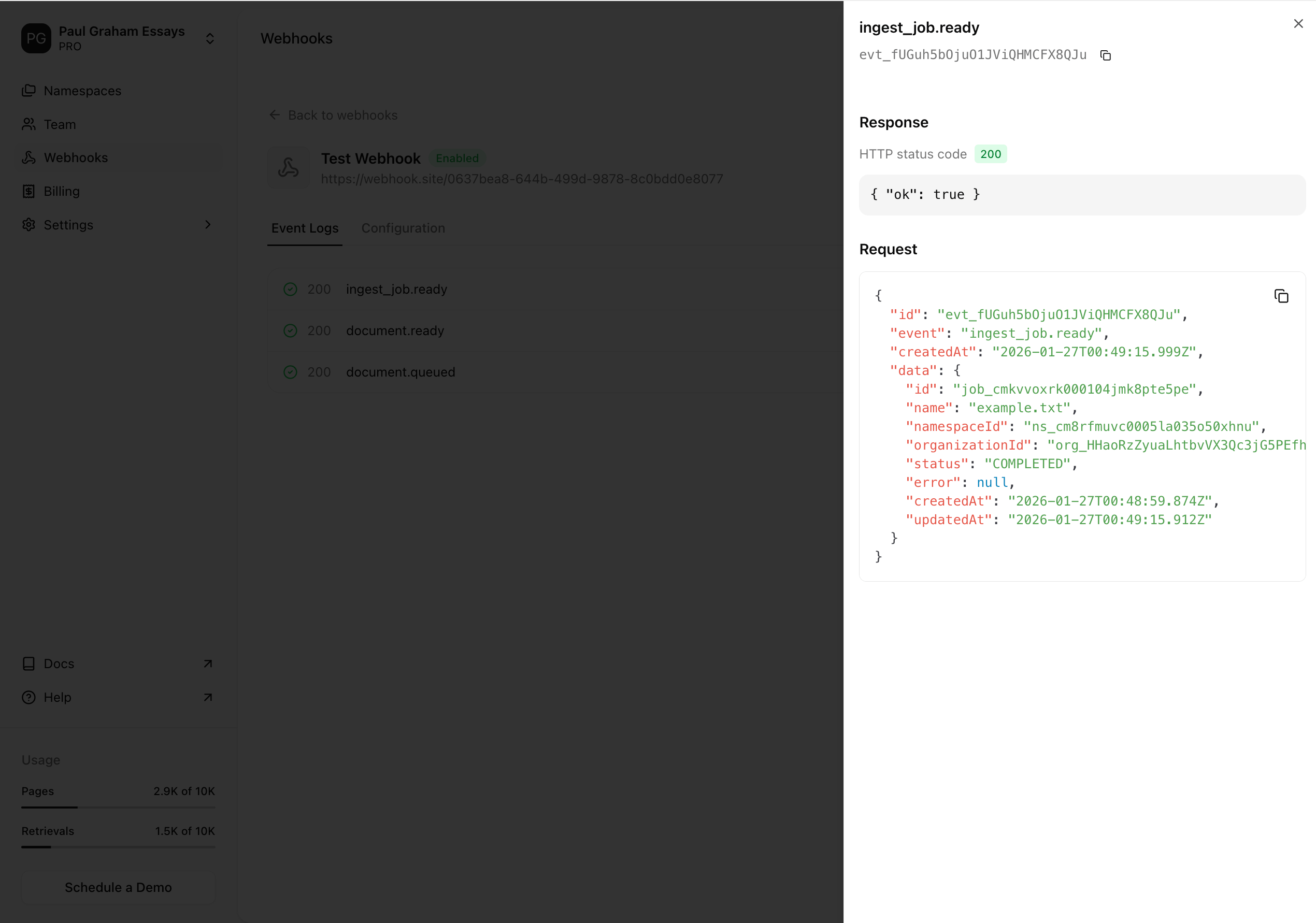 Webhook event logs details