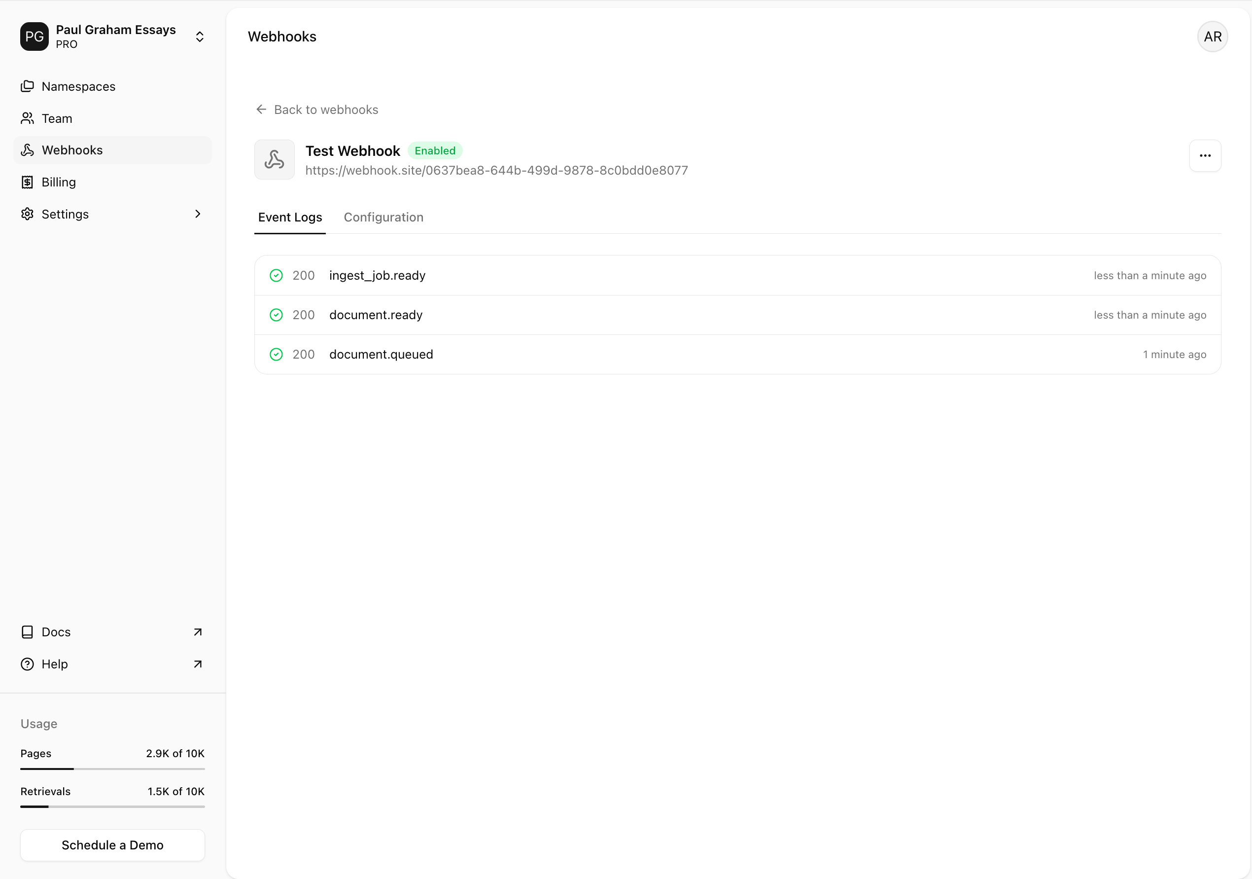 Webhook event logs
