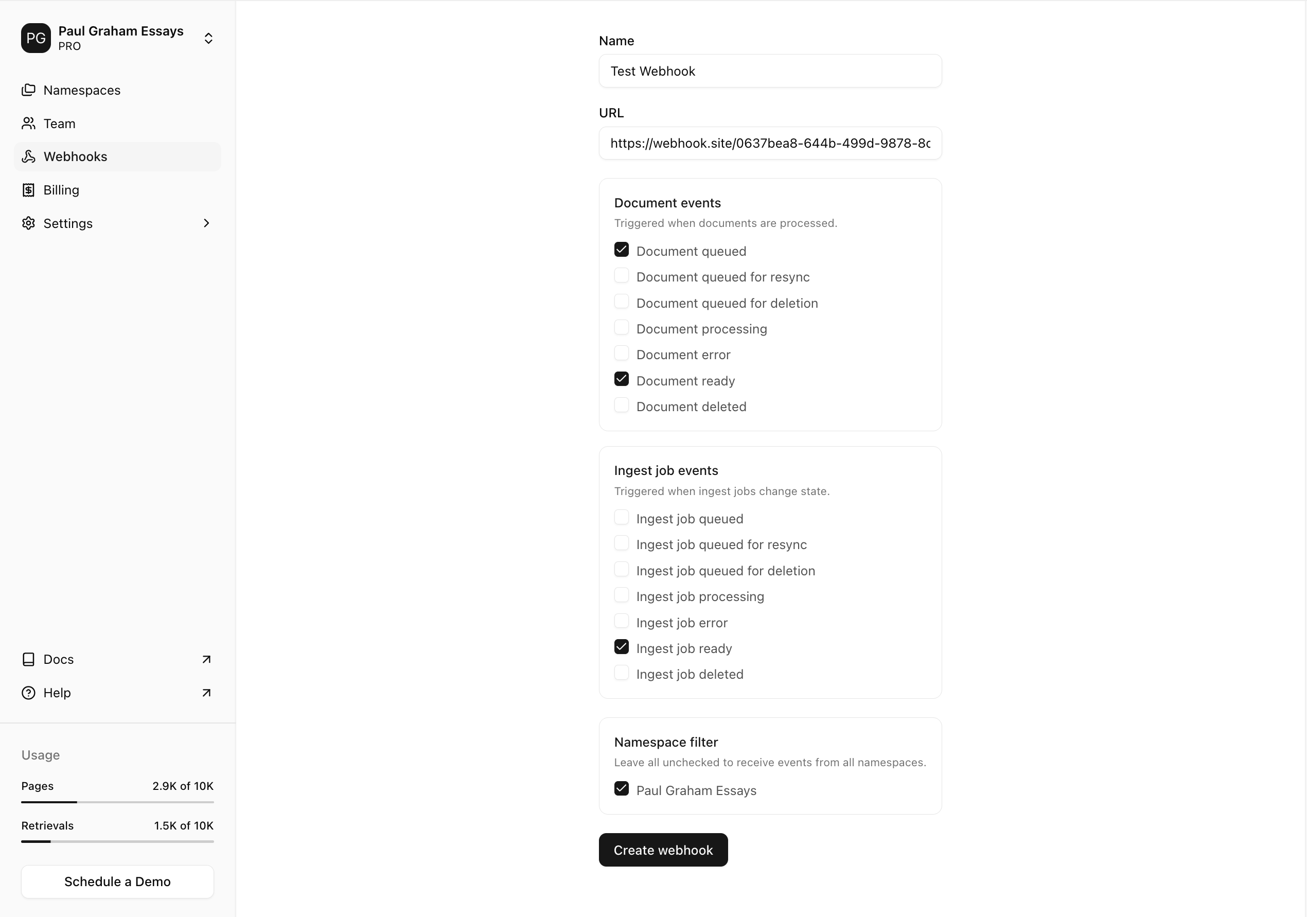Create webhook form