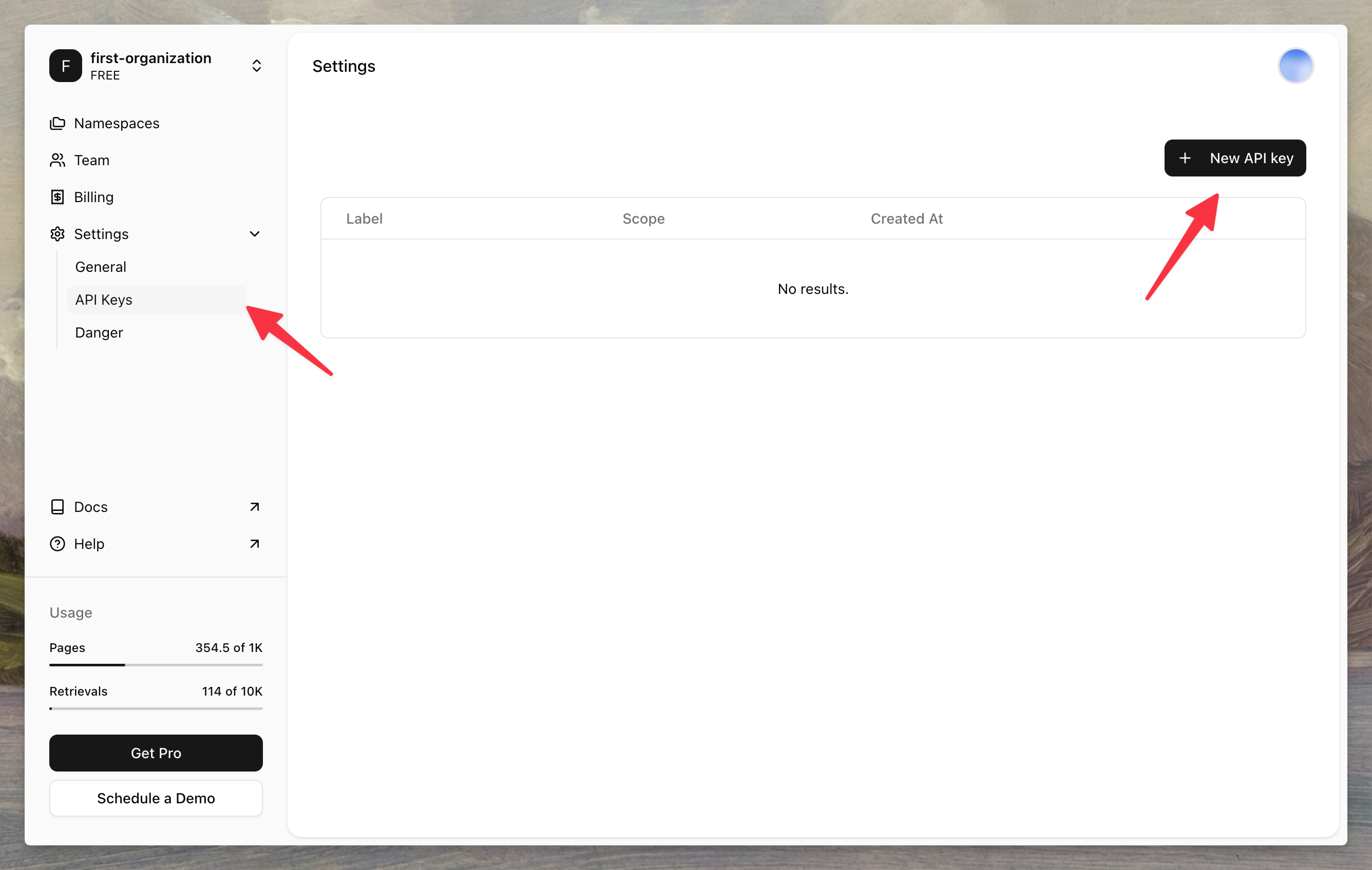 Creating an API key in the Agentset dashboard