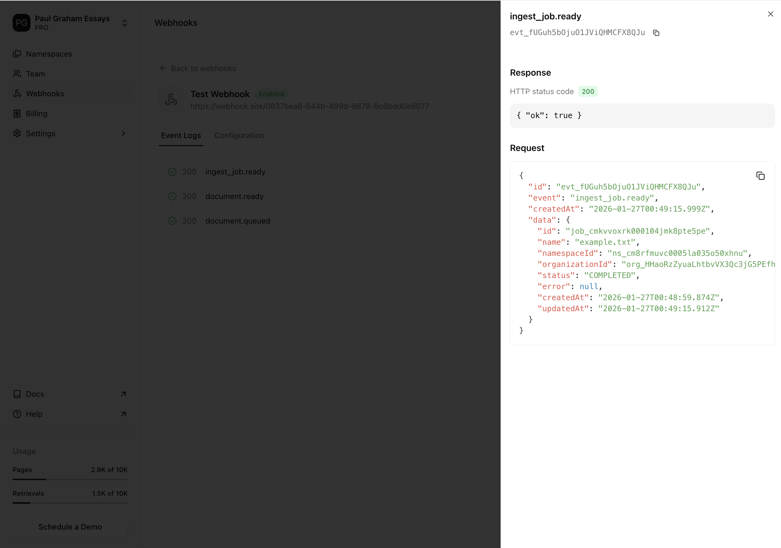 Webhook event logs details
