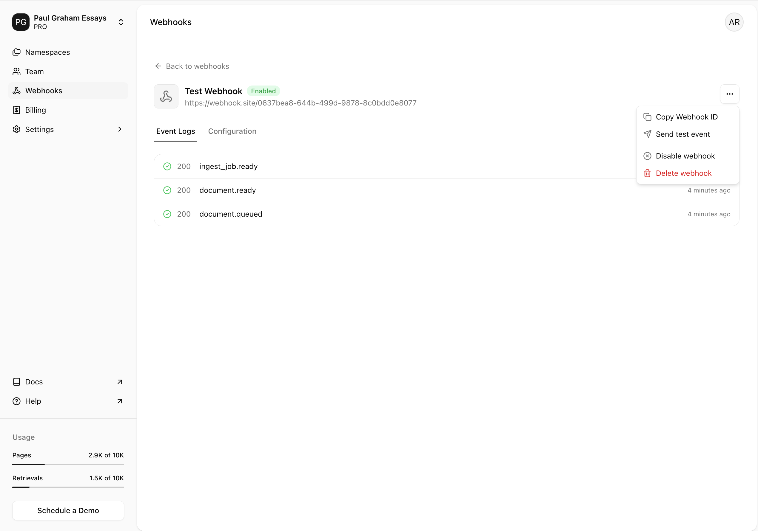 Send test event menu
