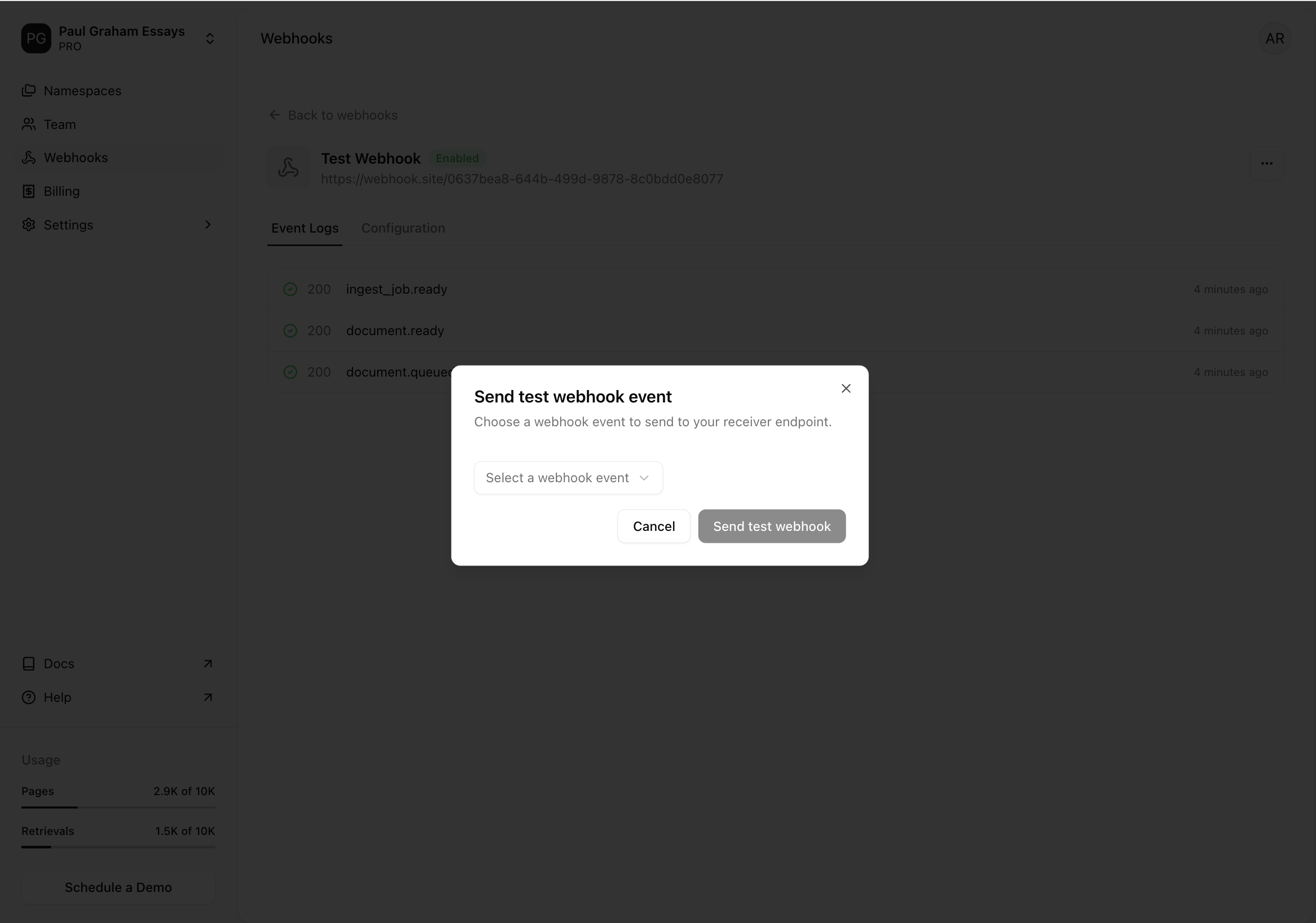 Send test event modal