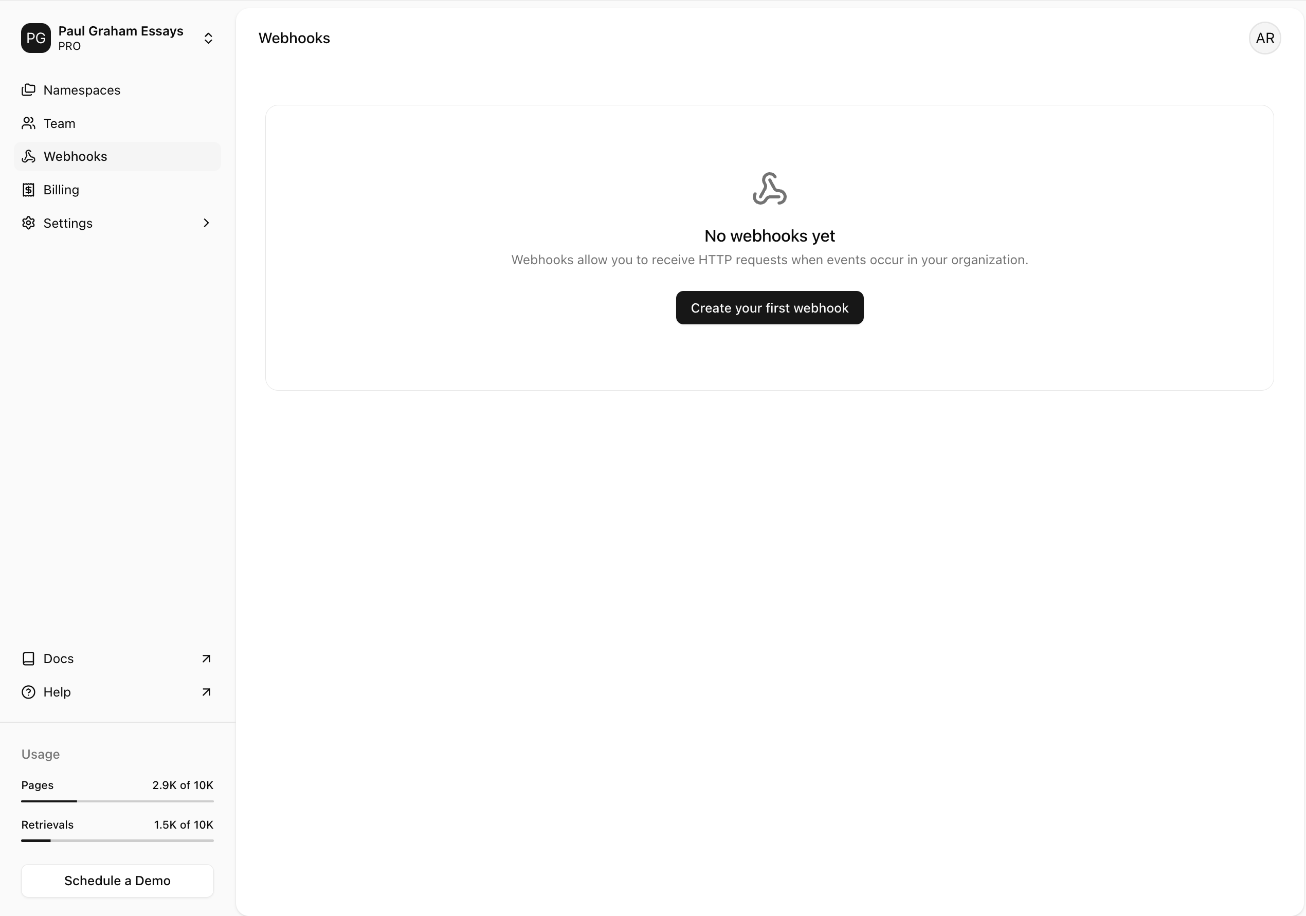 Webhooks settings page