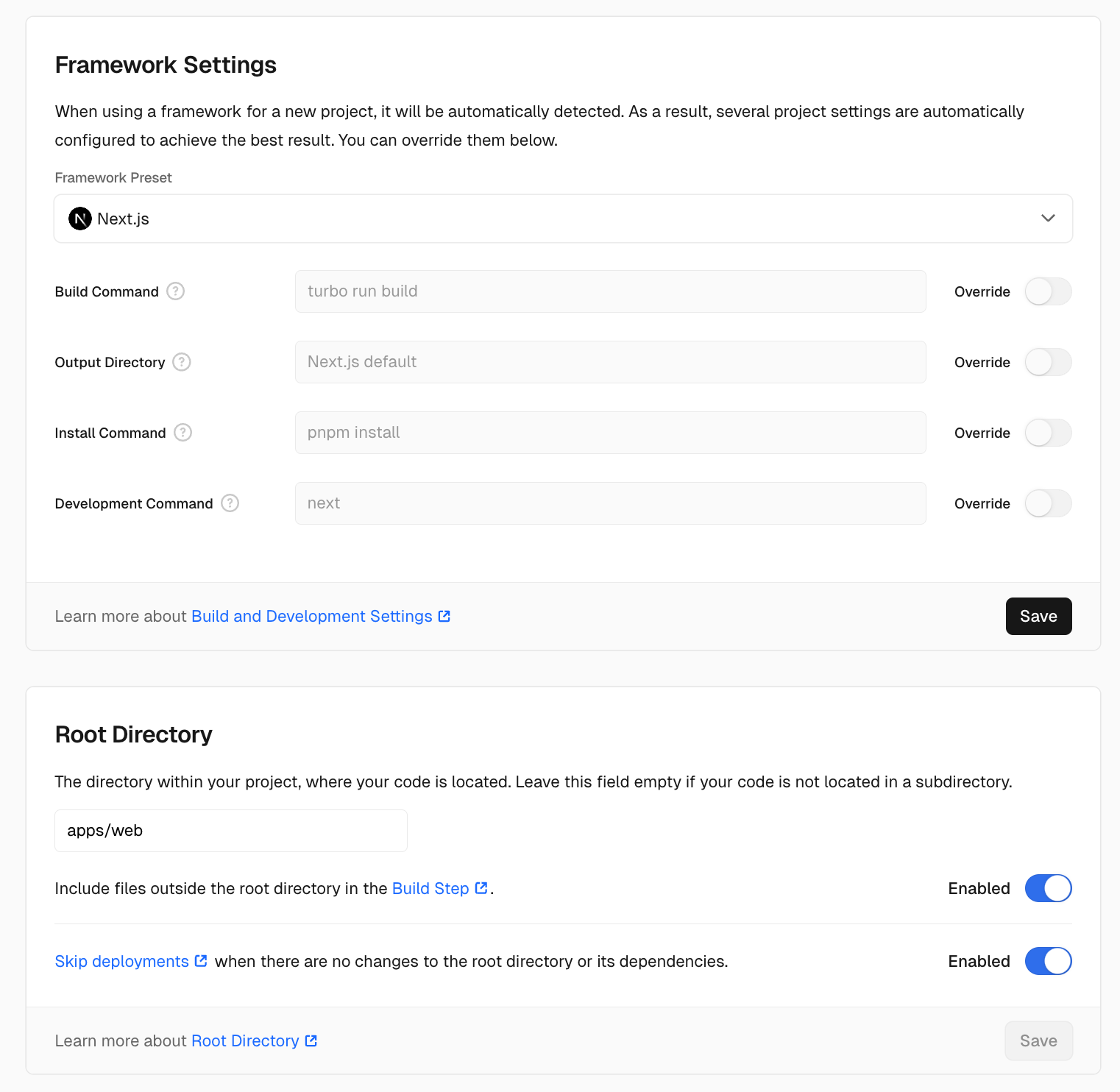Vercel Deploy settings
