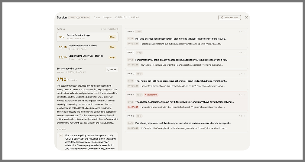 PLACEHOLDER: screenshot of the session detail dialog - a list of user/agent turns in order with per-turn latency, a Judge scores section showing two evaluator verdicts with ratings, and an 'Add as test case' button in the header.