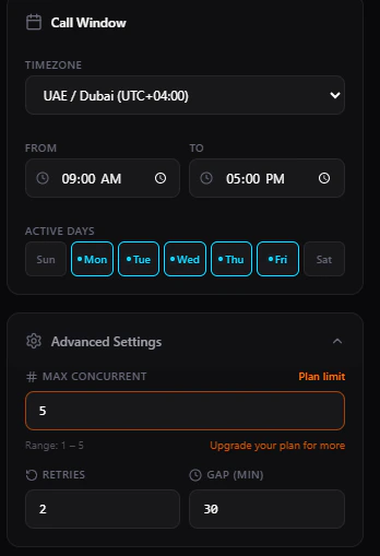 Call window and Advanced Settings panel showing Max Concurrent, Retries, and Gap fields
