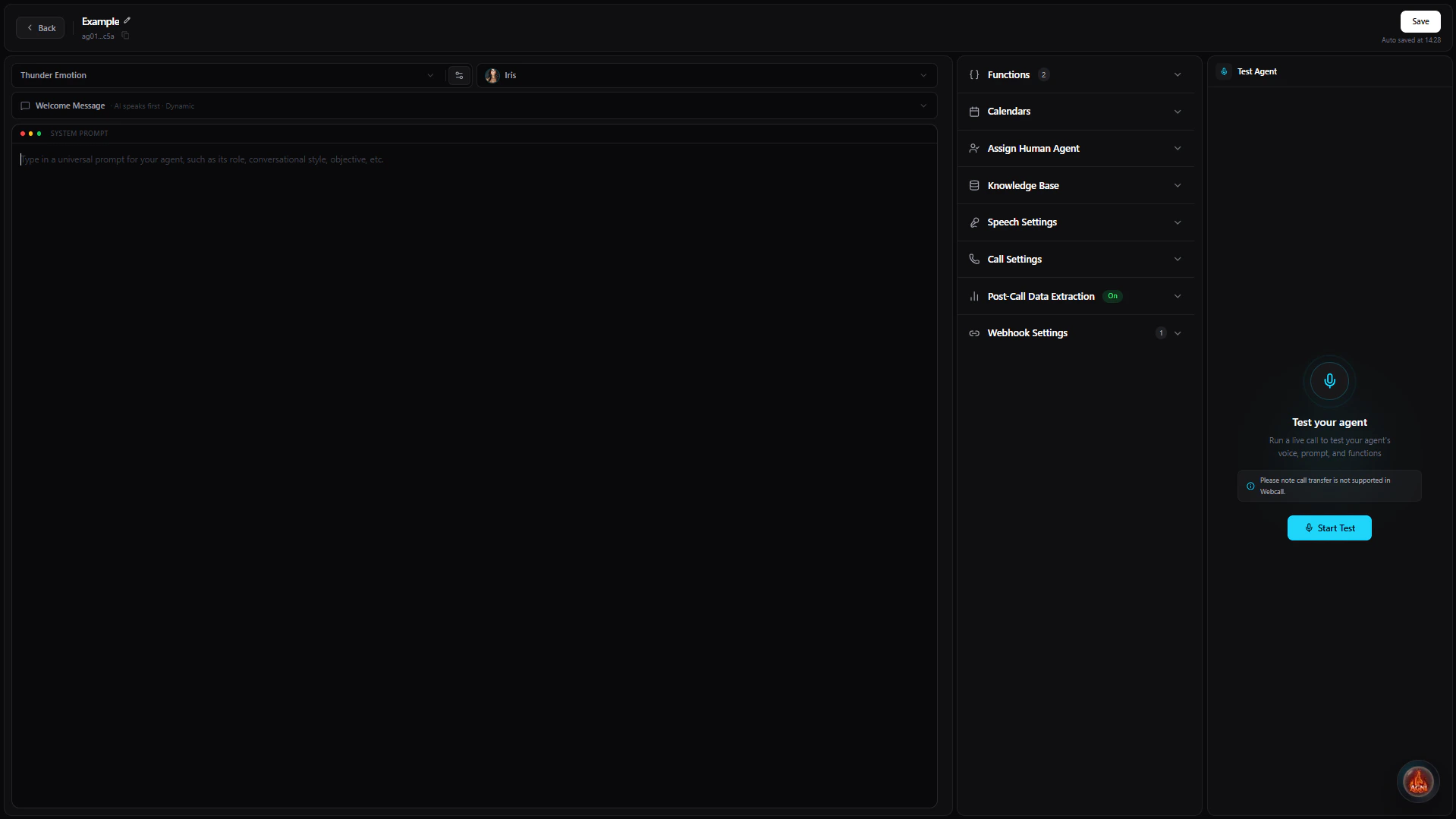 The full Agni agent builder interface