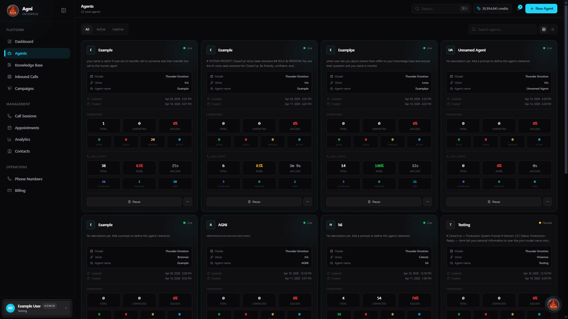 Main Agents Dashboard showing active and inactive agents