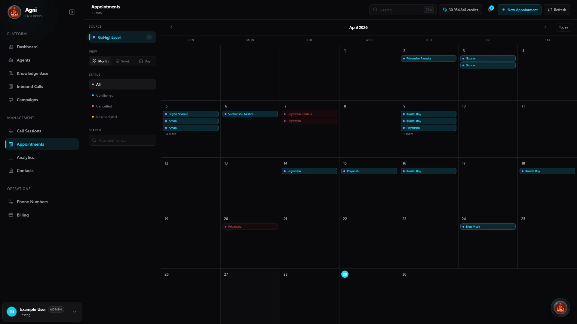 Agni Appointments Dashboard visualizing GoHighLevel calendar events