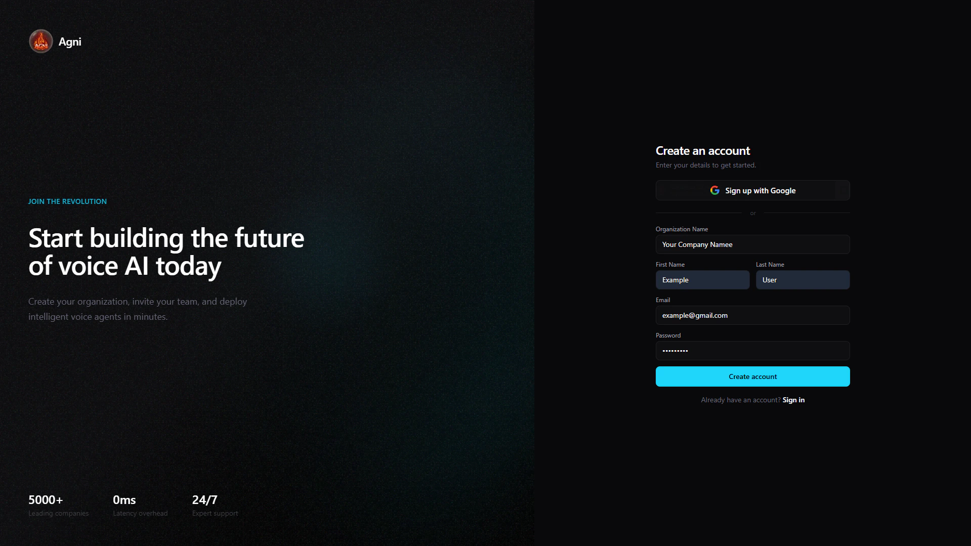 Agni Create Account Page