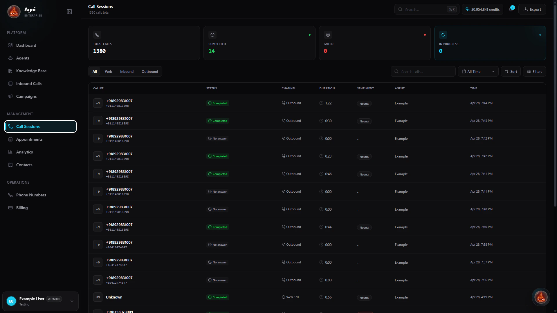 Agni Call Sessions List View