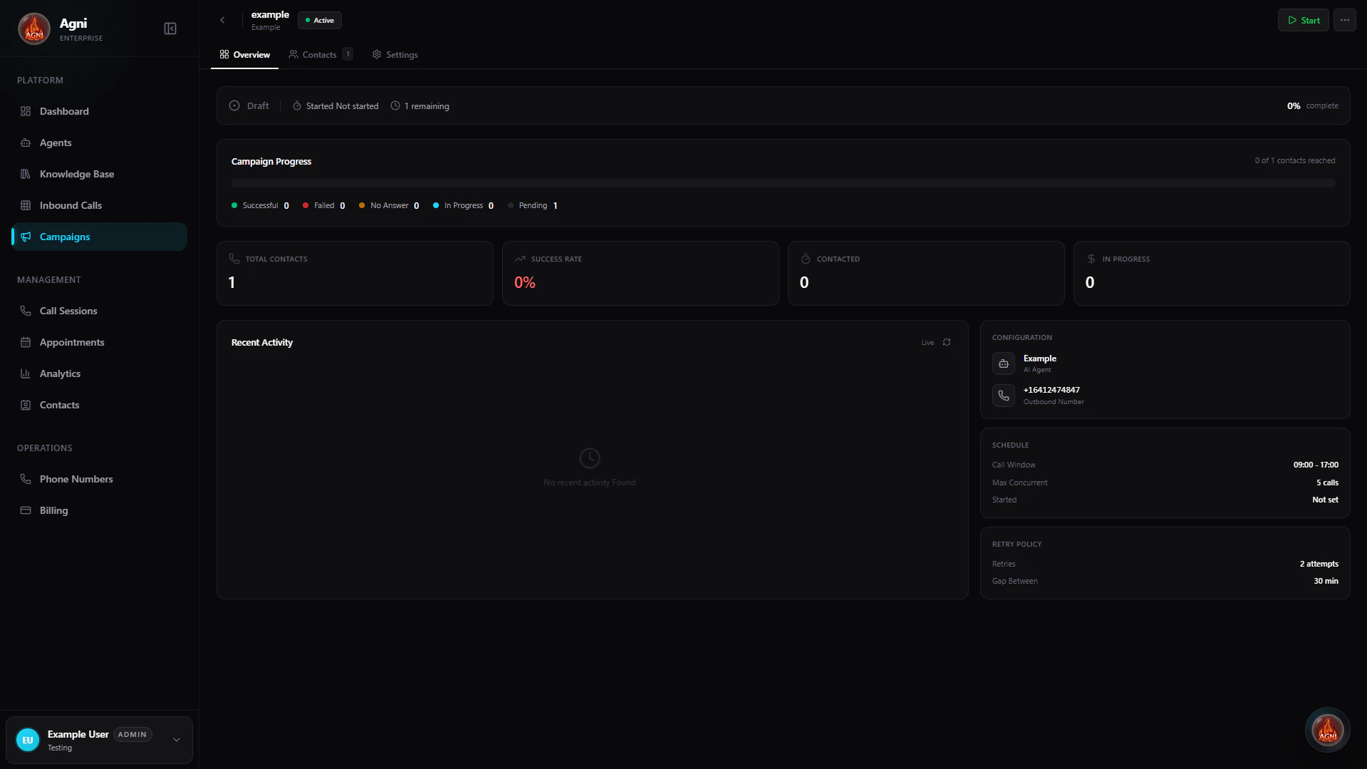Campaign overview page showing progress, stats, recent activity, and configuration panel