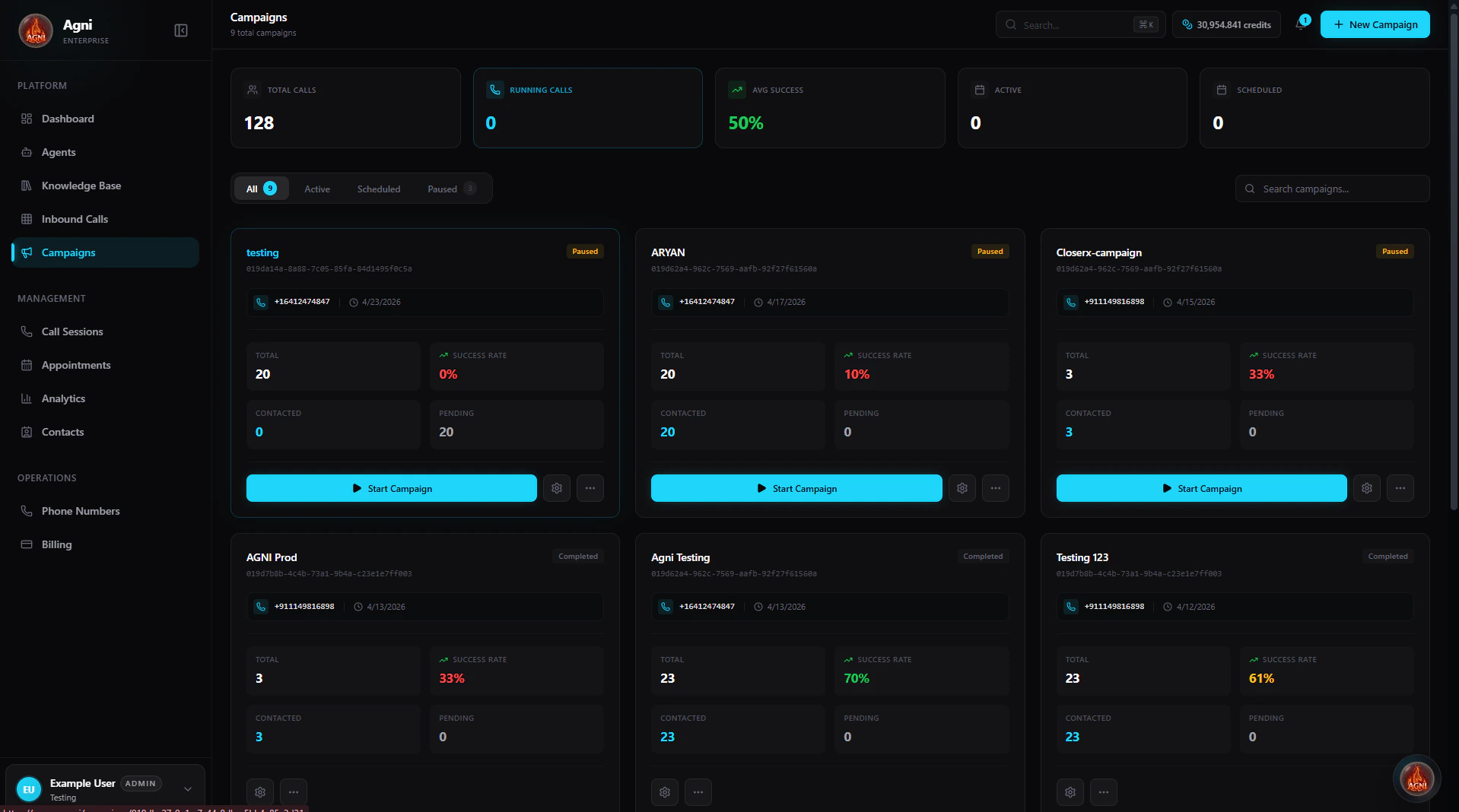 Campaigns dashboard showing all campaigns with status, success rate, and contact counts
