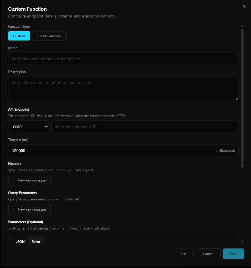 The configuration screen for a server-side custom function