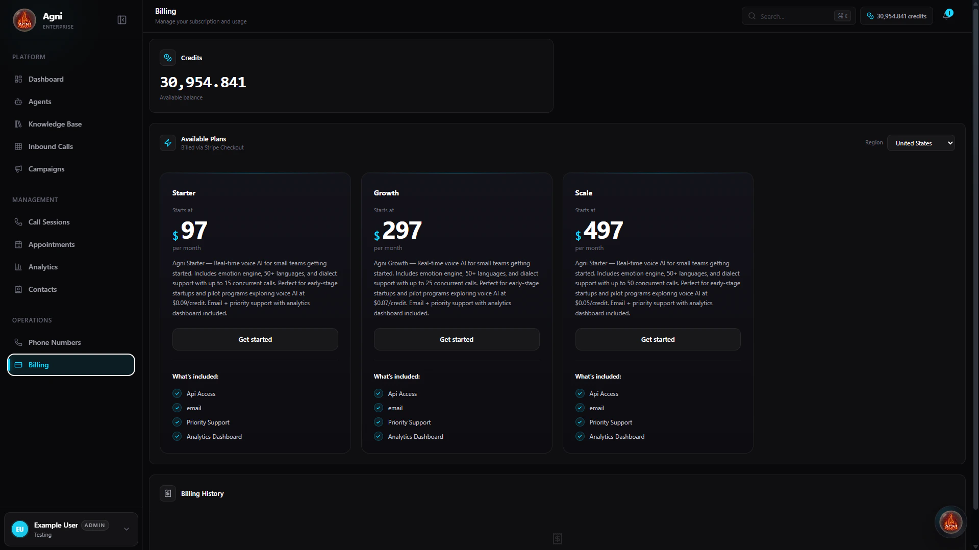 Agni Billing Dashboard showing Available Plans and Credits