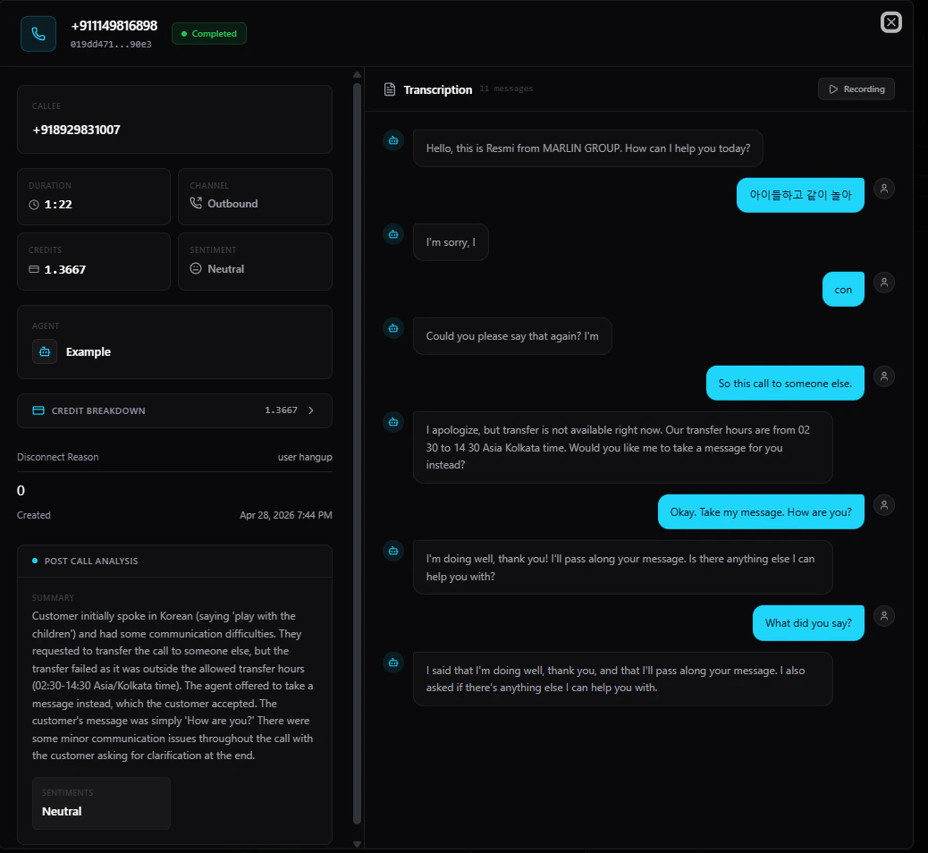 Call Session Detailed View showing metadata and transcript