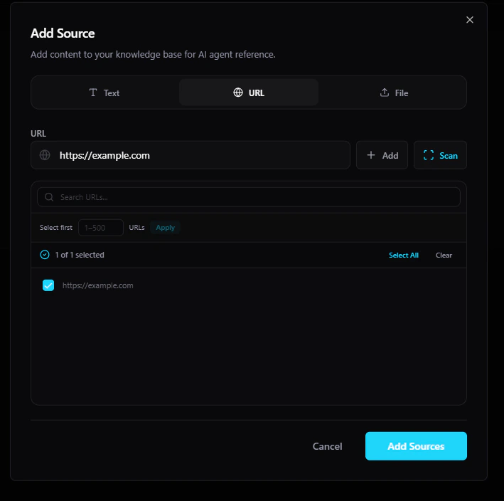Add Source modal showing Text, URL, and File tabs with URL tab selected