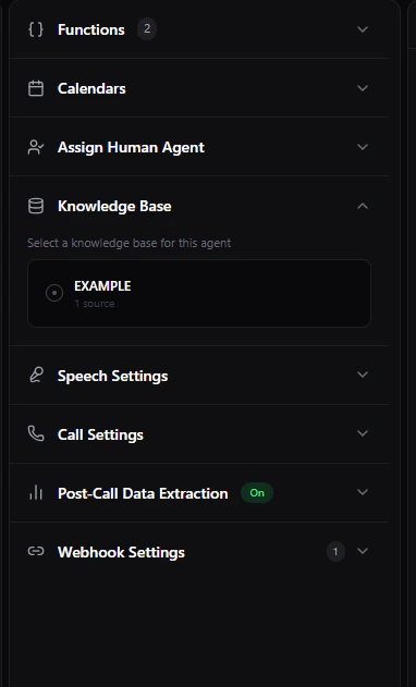 Agent builder Knowledge Base section showing a knowledge base selected with 1 source