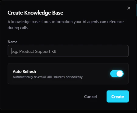 Create Knowledge Base modal with Name field and Auto Refresh toggle