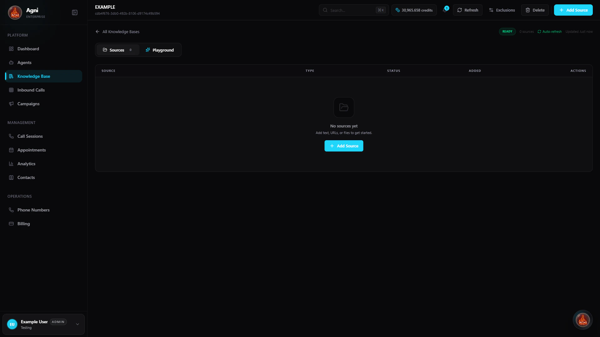 Knowledge base detail page with no sources and Add Source button