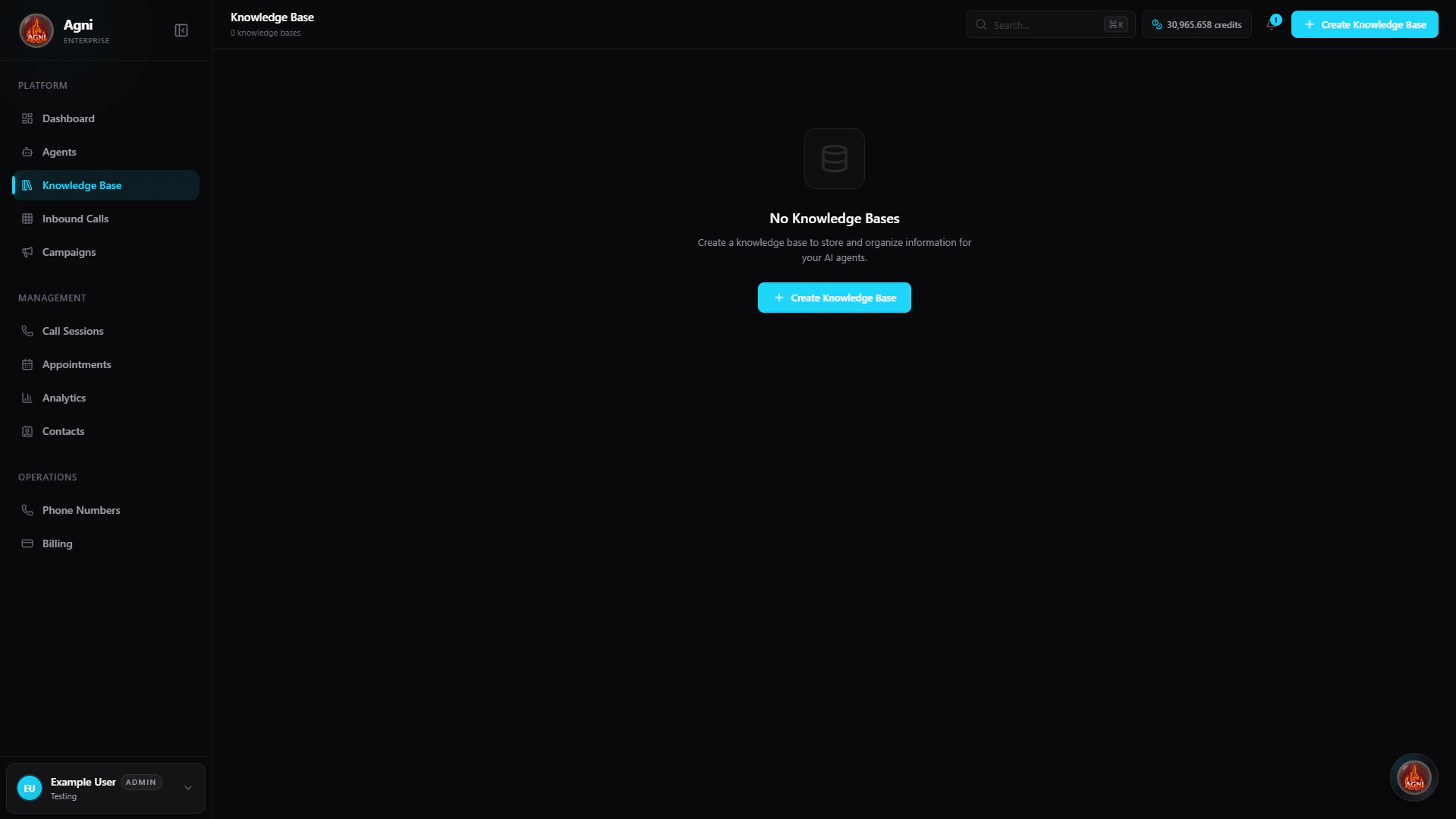 Knowledge Base page with no knowledge bases and Create Knowledge Base button