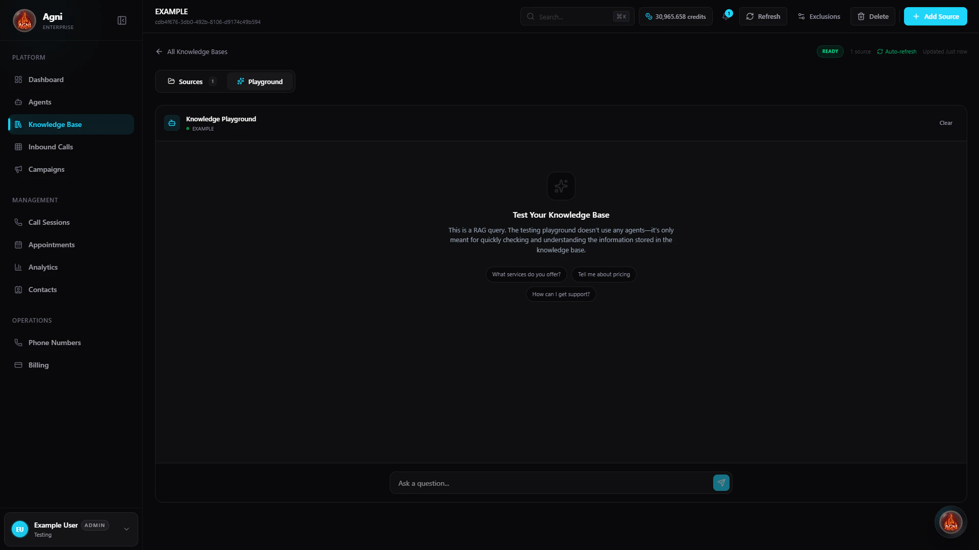 Knowledge Playground tab showing test question prompts and a chat input field