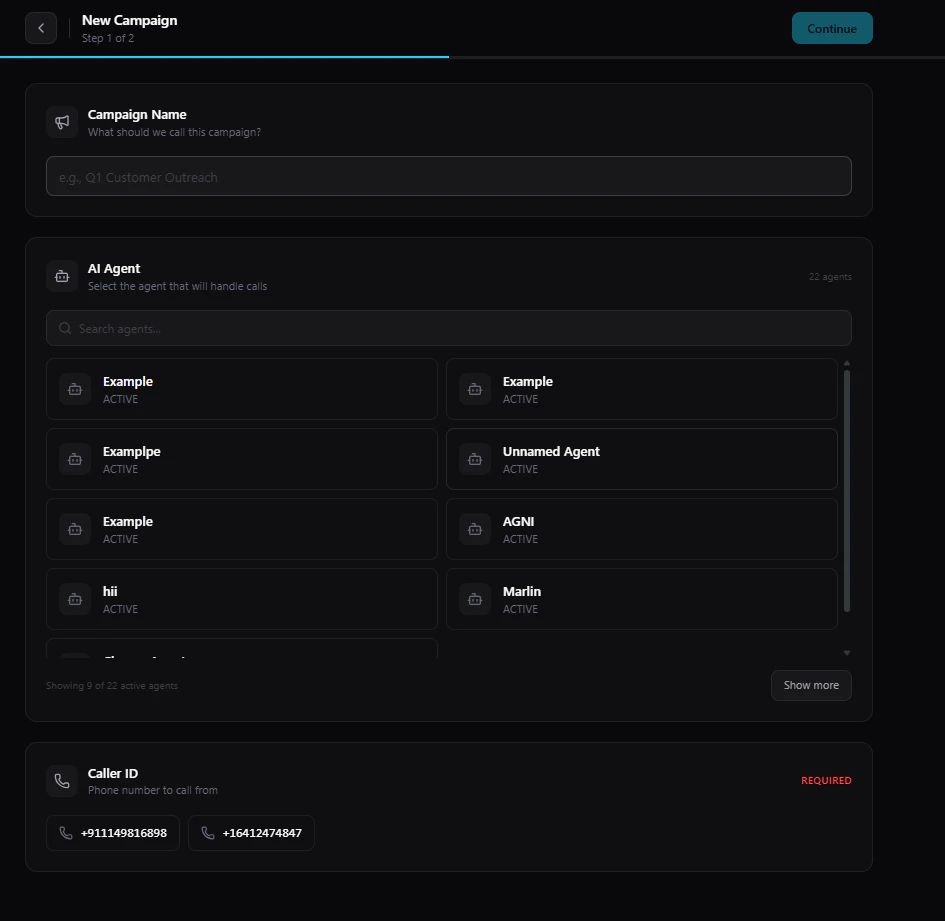 New Campaign step 1 — enter campaign name, select AI agent, and choose Caller ID