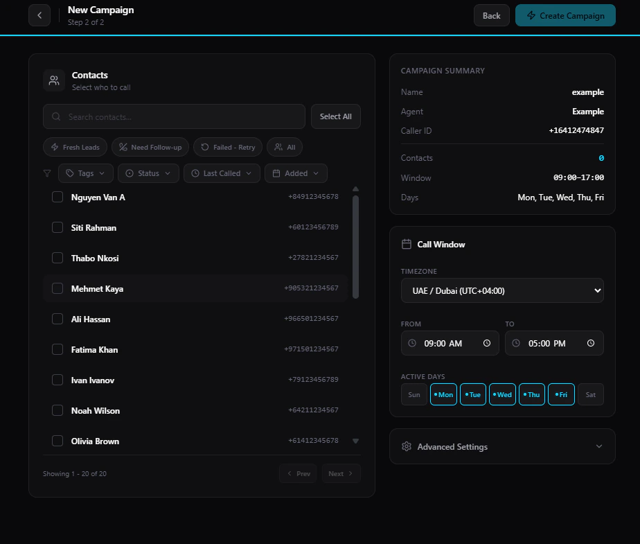 New Campaign step 2 — select contacts and configure call window
