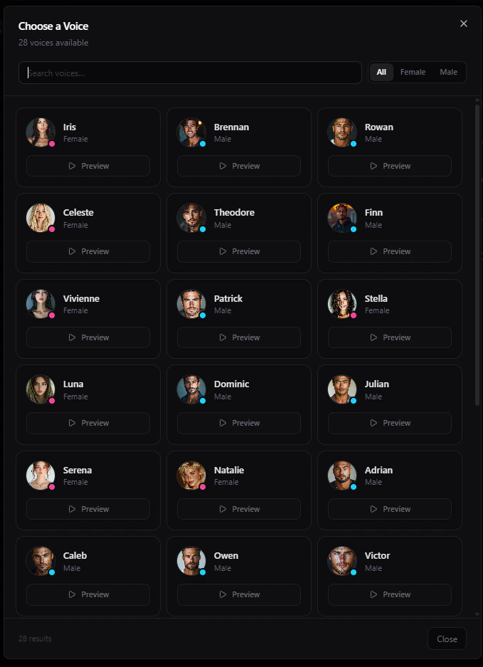 Voice selection gallery with Iris highlighted
