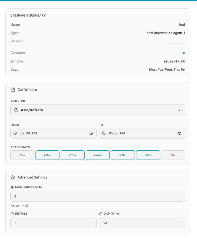 Call window and Advanced Settings panel showing Max Concurrent, Retries, and Gap fields