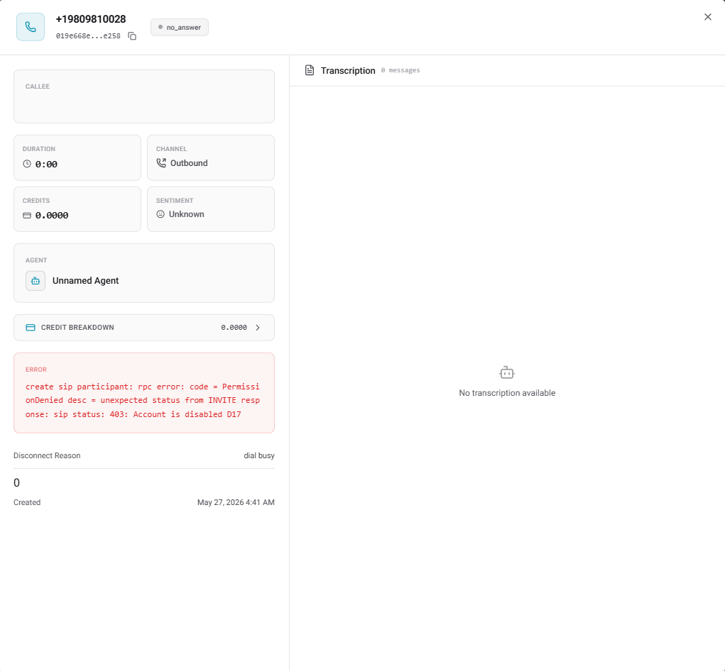 Call session error logs showing Twilio failure details