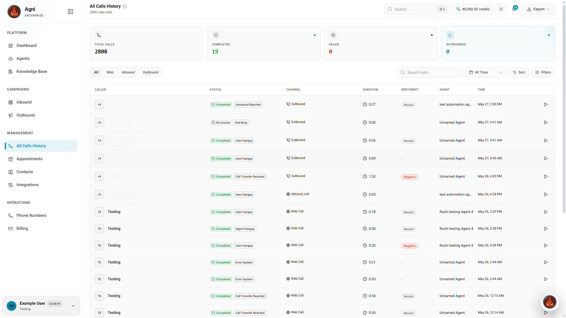 Agni All Call History list view