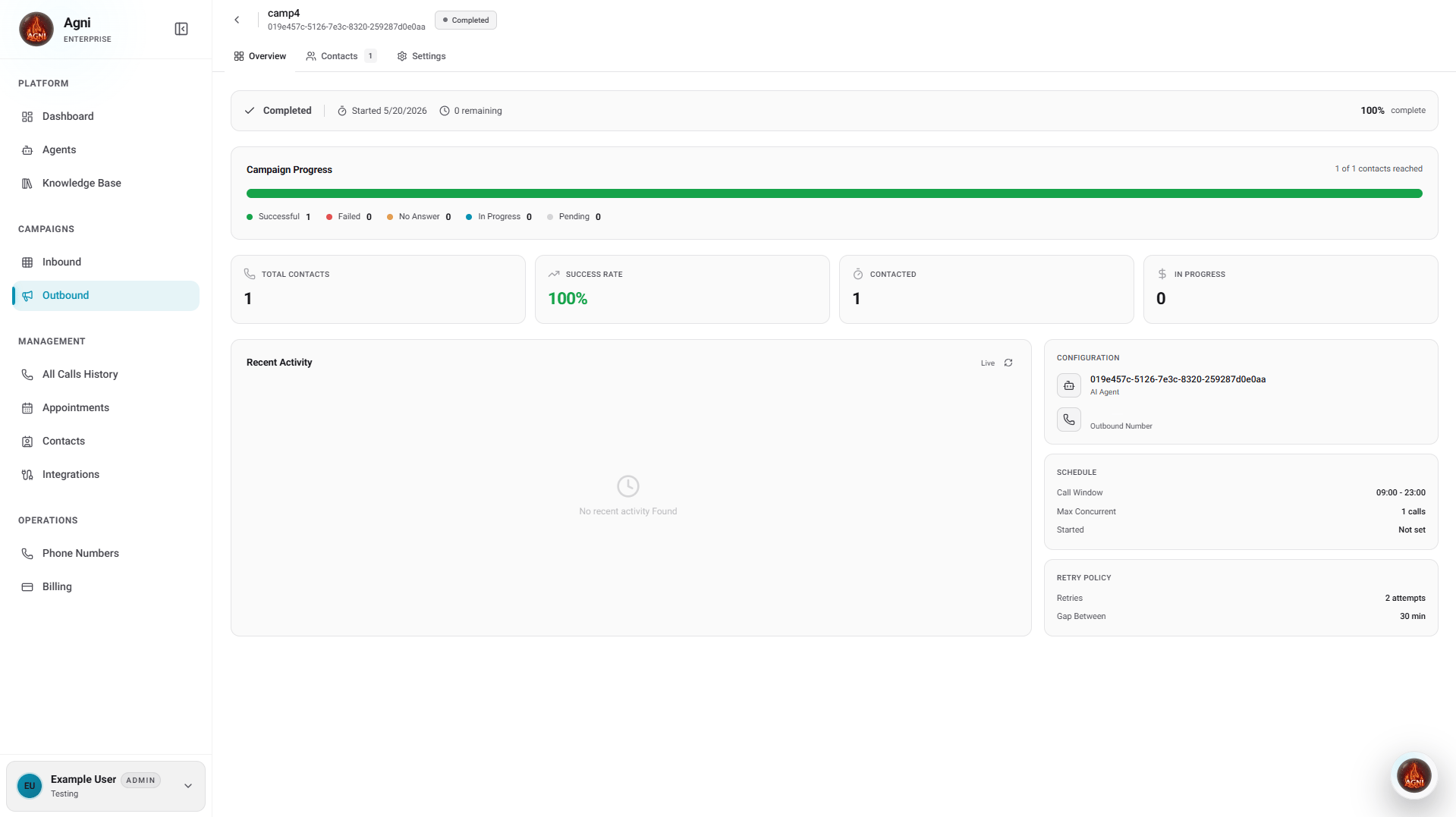 Campaign overview page showing progress, stats, recent activity, and configuration panel