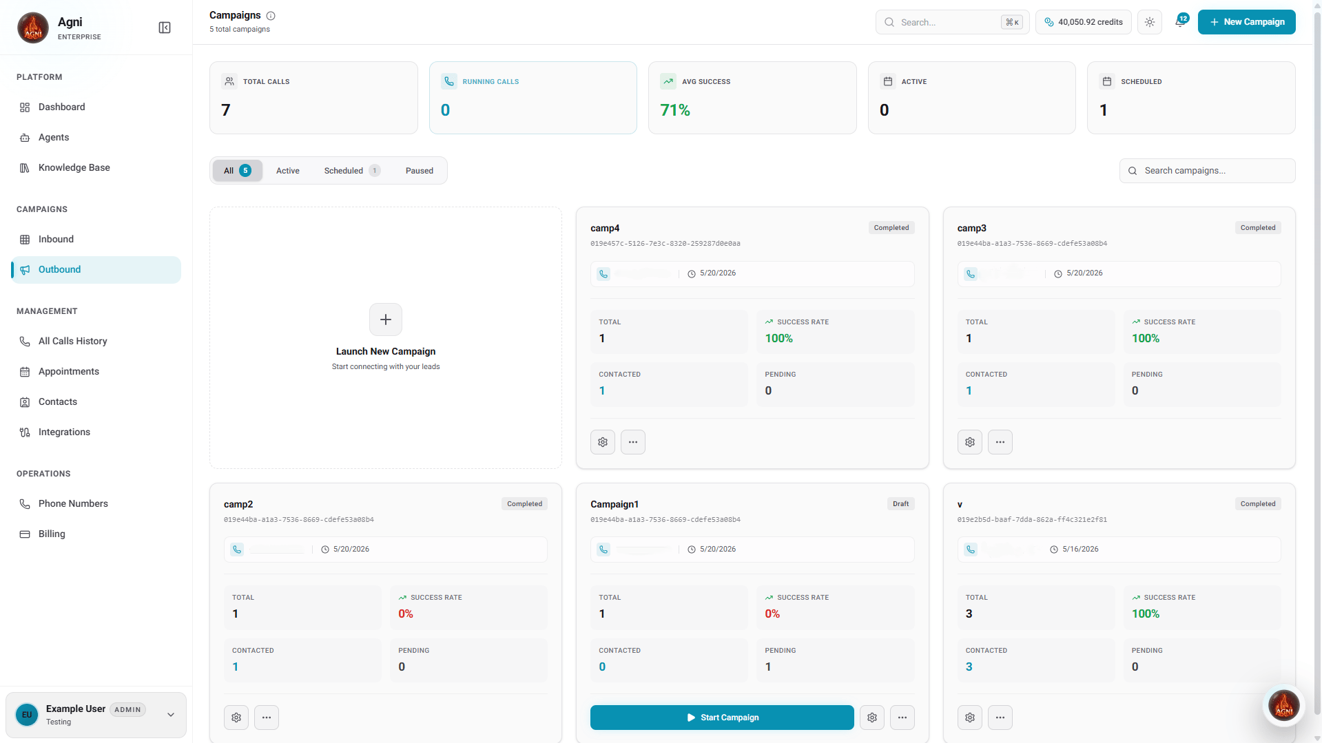 Campaigns dashboard showing all campaigns with status, success rate, and contact counts