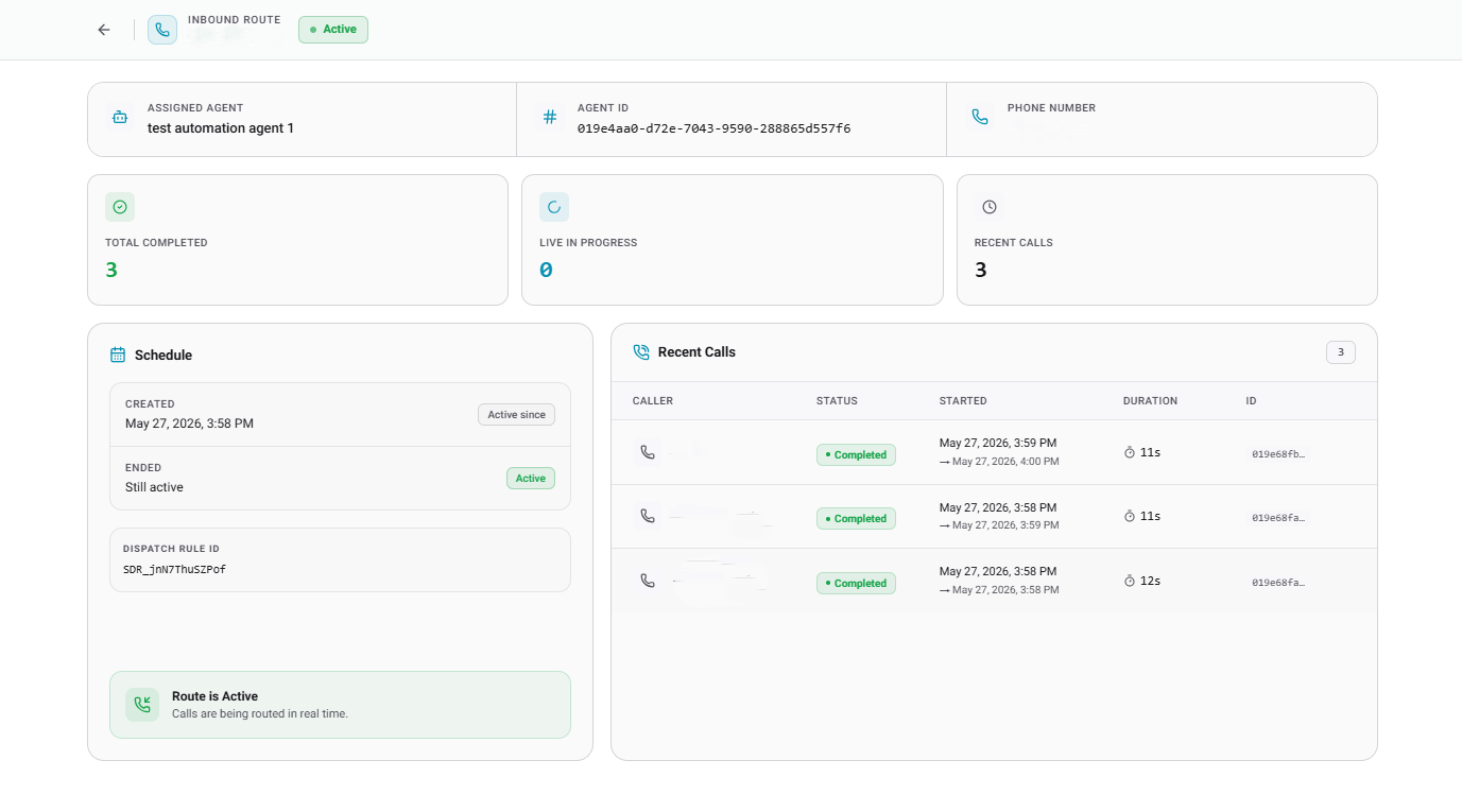 Inbound Route Detailed Overview showing metrics and schedule