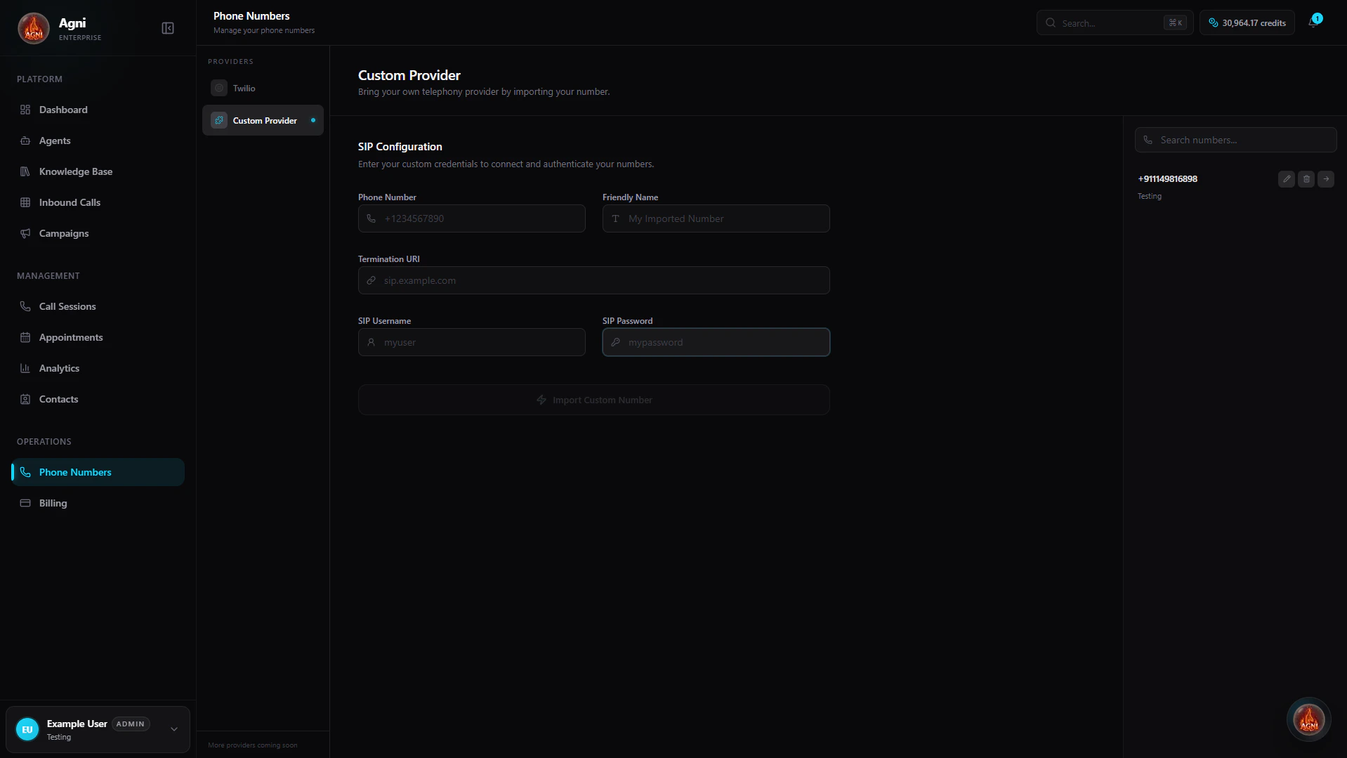 Custom Provider SIP Configuration