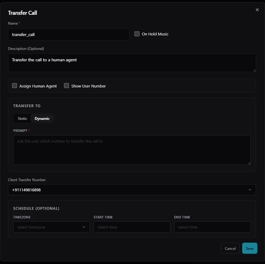 Dynamic Transfer prompt configuration