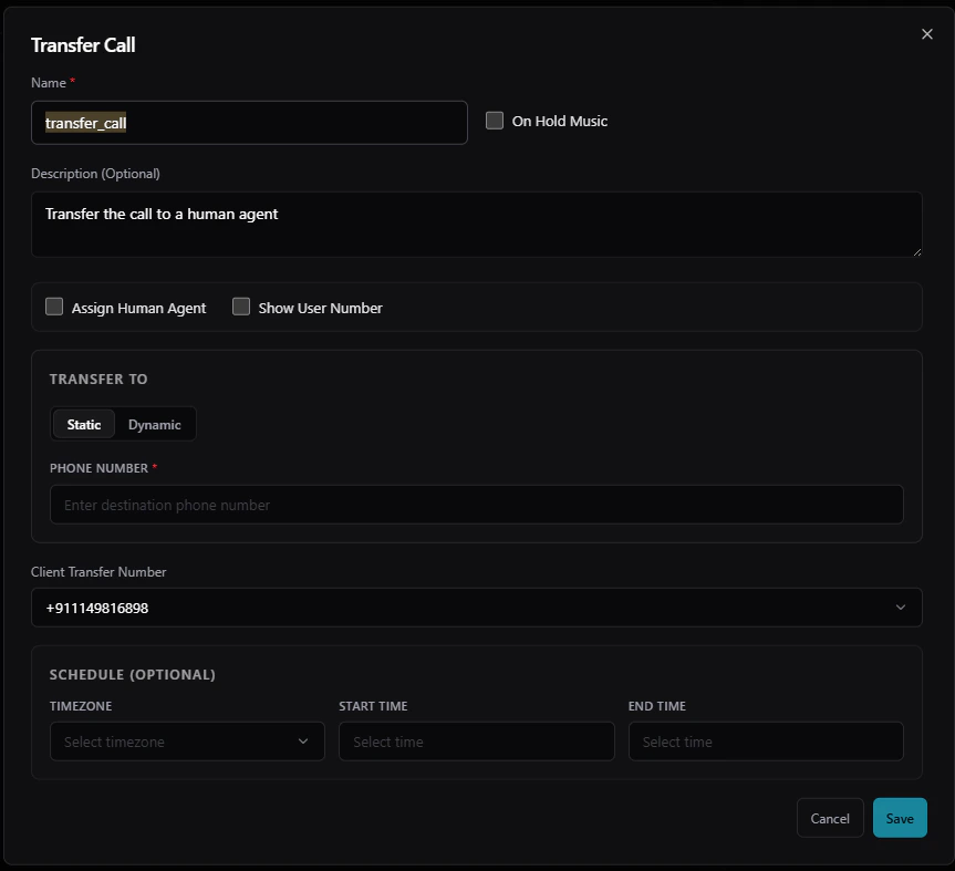 Transfer Call settings showing Static and Dynamic options