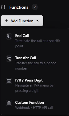 Functions dropdown showing End Call, Transfer Call, IVR, and Custom Function