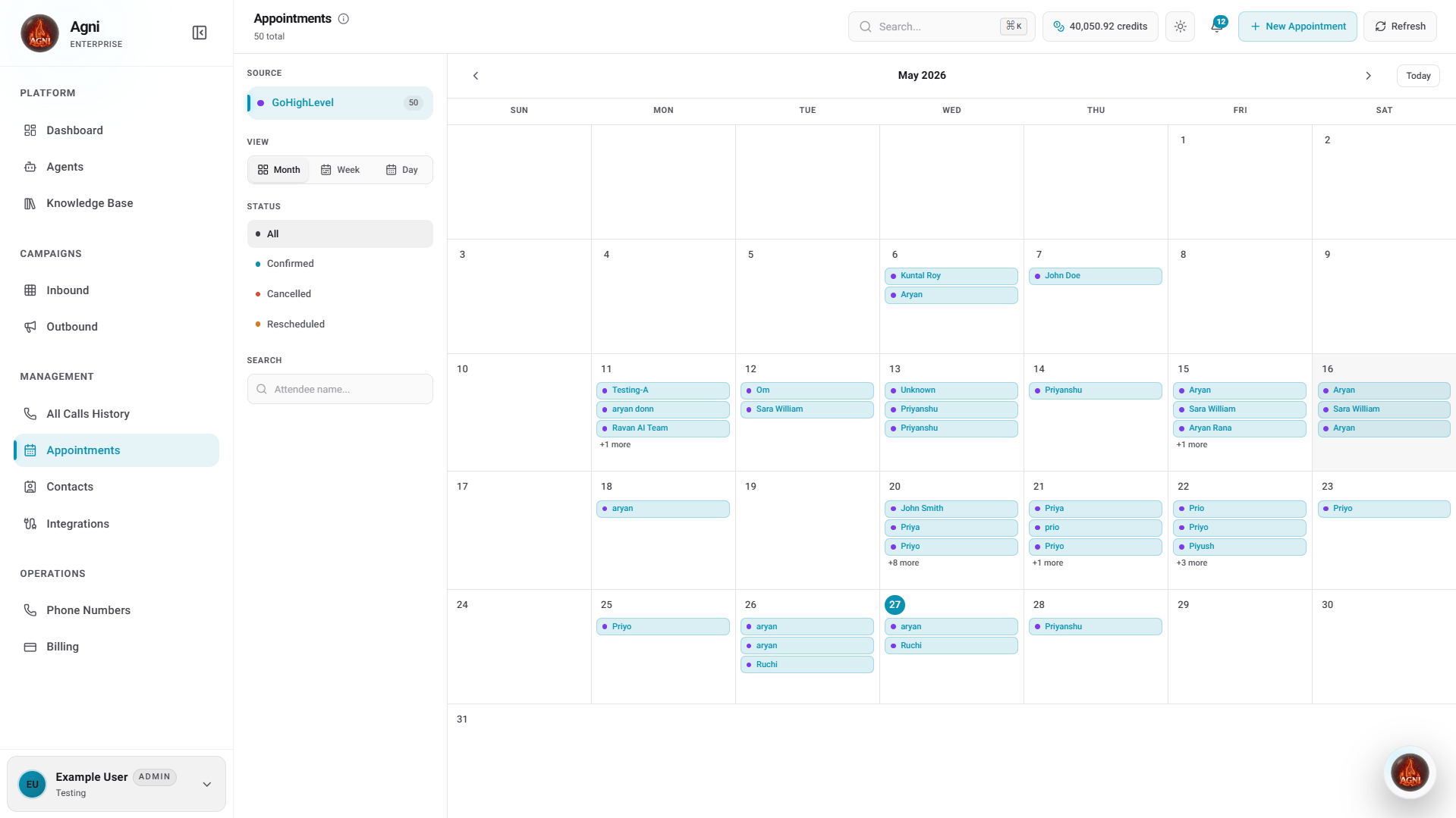 Agni Appointments Dashboard visualizing GoHighLevel calendar events