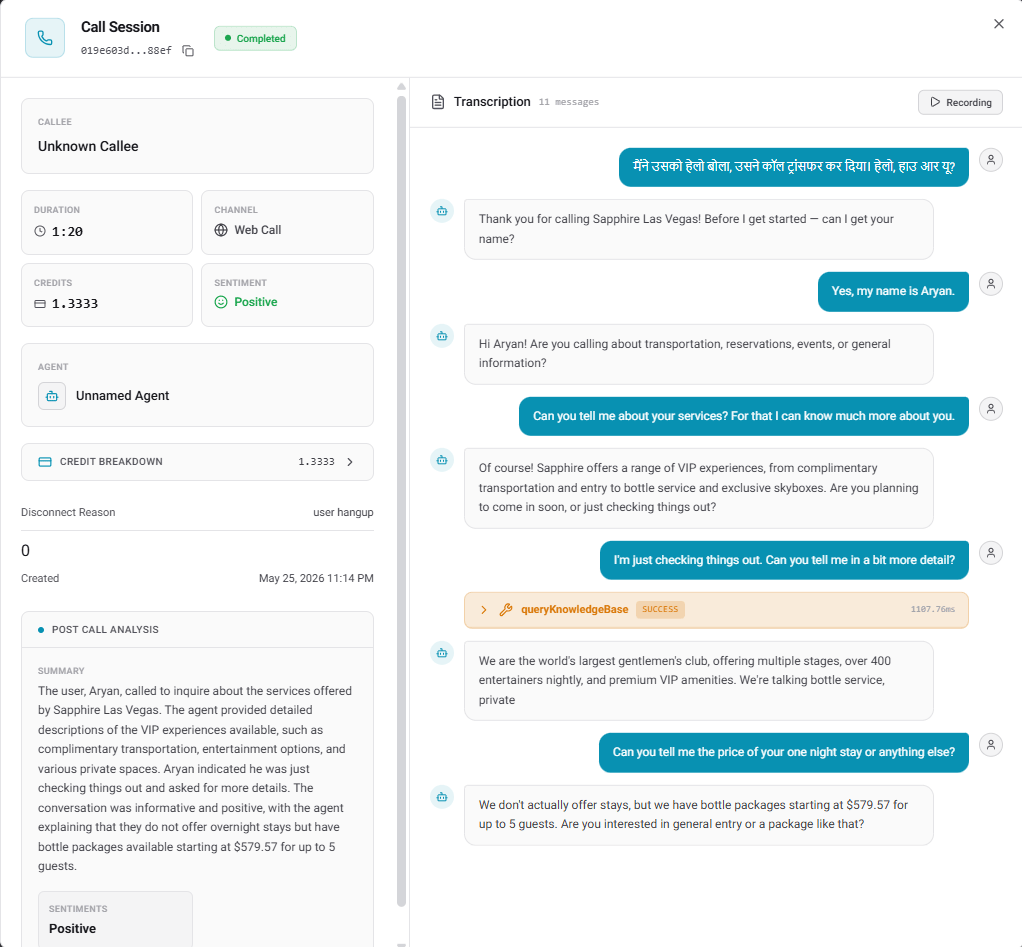 All Call History detailed view showing metadata and transcript