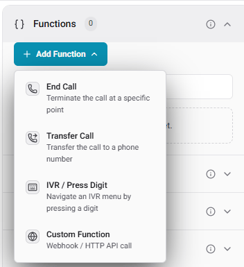 Dropdown menu for agent functions like End Call and Transfer