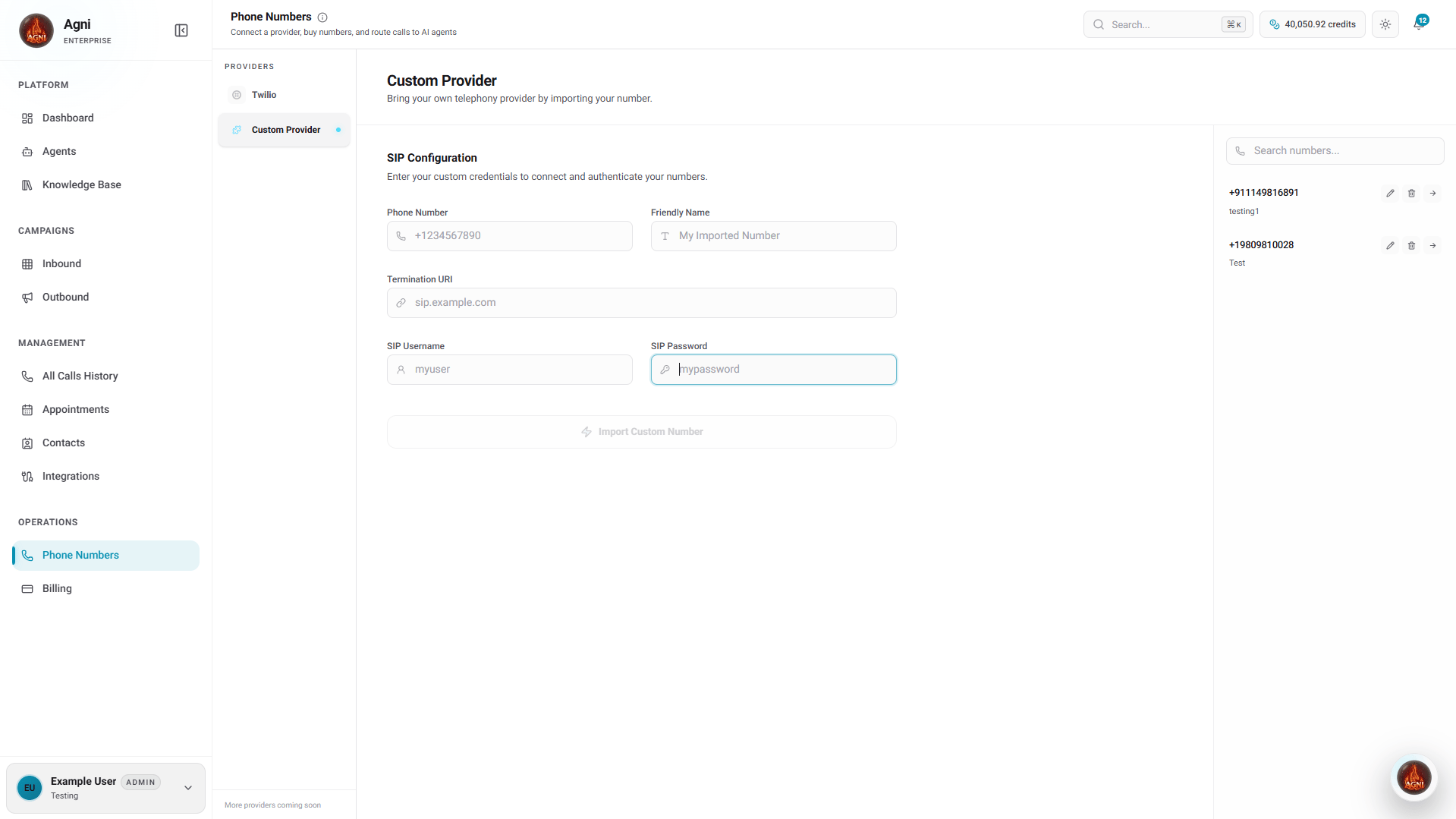 Custom Provider SIP Configuration