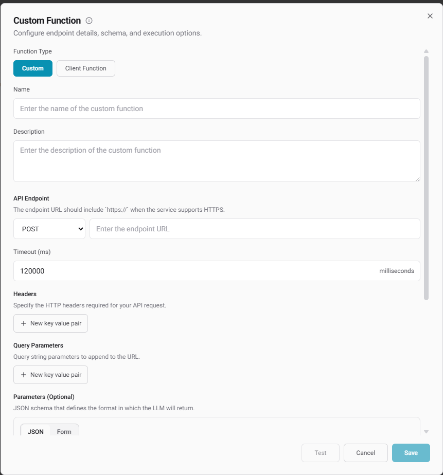 Custom Function API configuration screen